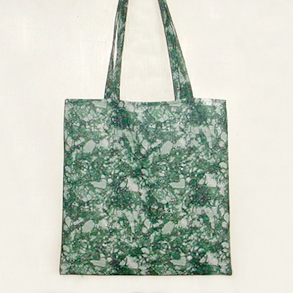 HANDMADE TOTE BAG NEW SPARKLY GREEN ABSTRACT PRINT 100% COTTON OOAK 13-1/4" SQ - Picture 1 of 3